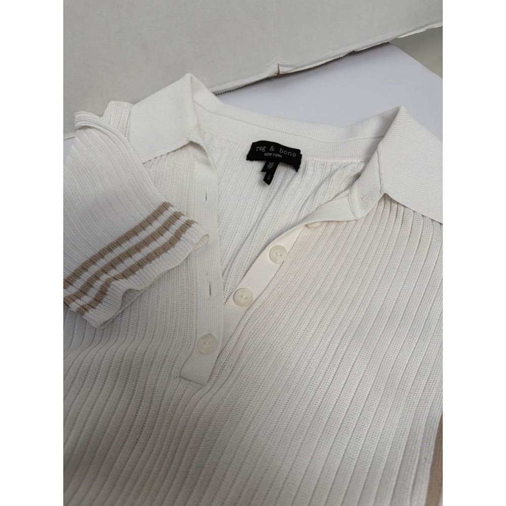 Rag & Bone Ivory Amy Ribbed Knit Polo Short Sleeve Dress Tan Stripes Size XS